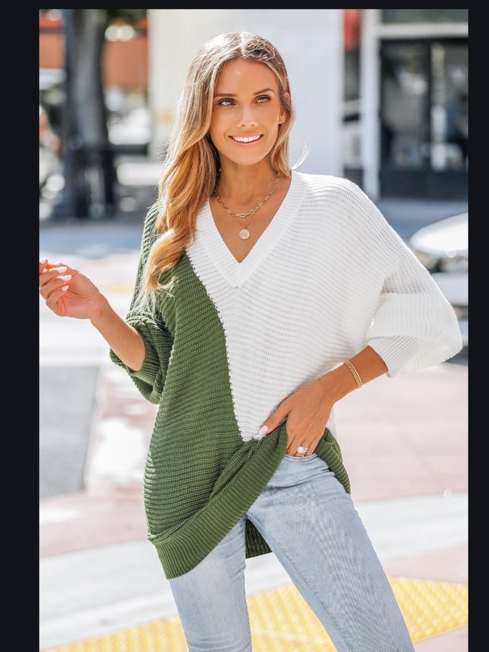 NWT Cupshe V-Neck Ribbed Knit Two-Tone Sweater - M